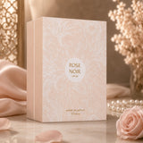 Soghaat Rose Noir Extrait de Parfum 75ml box in soft peach with floral patterns, set with pearls and a pink rose.