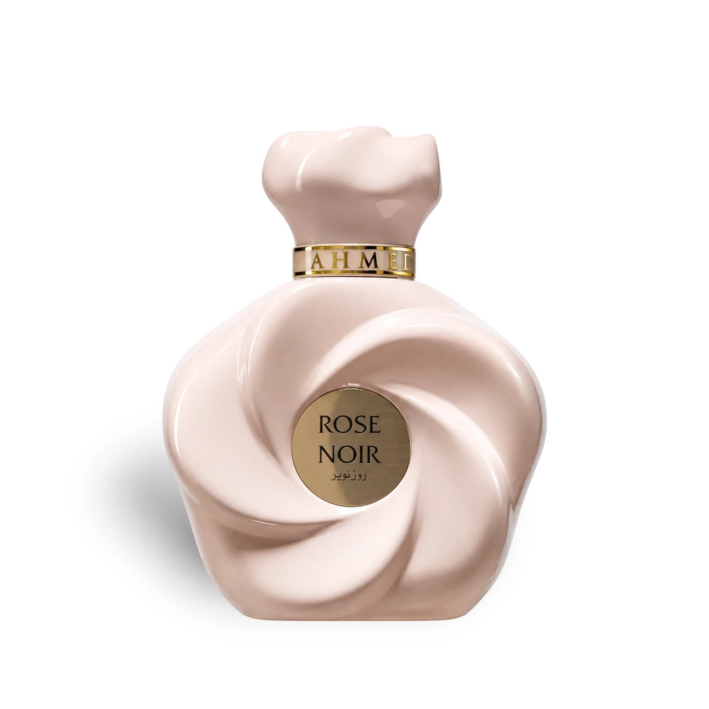 Soghaat Ahmed Al Maghribi Rose Noir Extrait de Parfum in a unique pale pink swirl-shaped glass bottle with gold label.