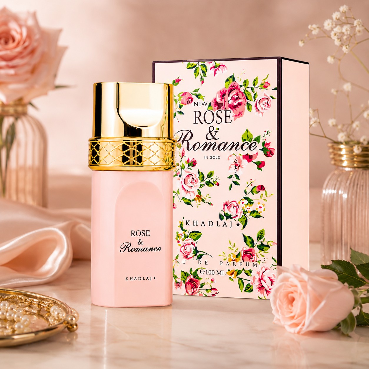 Soghaat Rose & Romance in Gold Eau de Parfum 100ml, a soft pink bottle with gold accents and floral box.