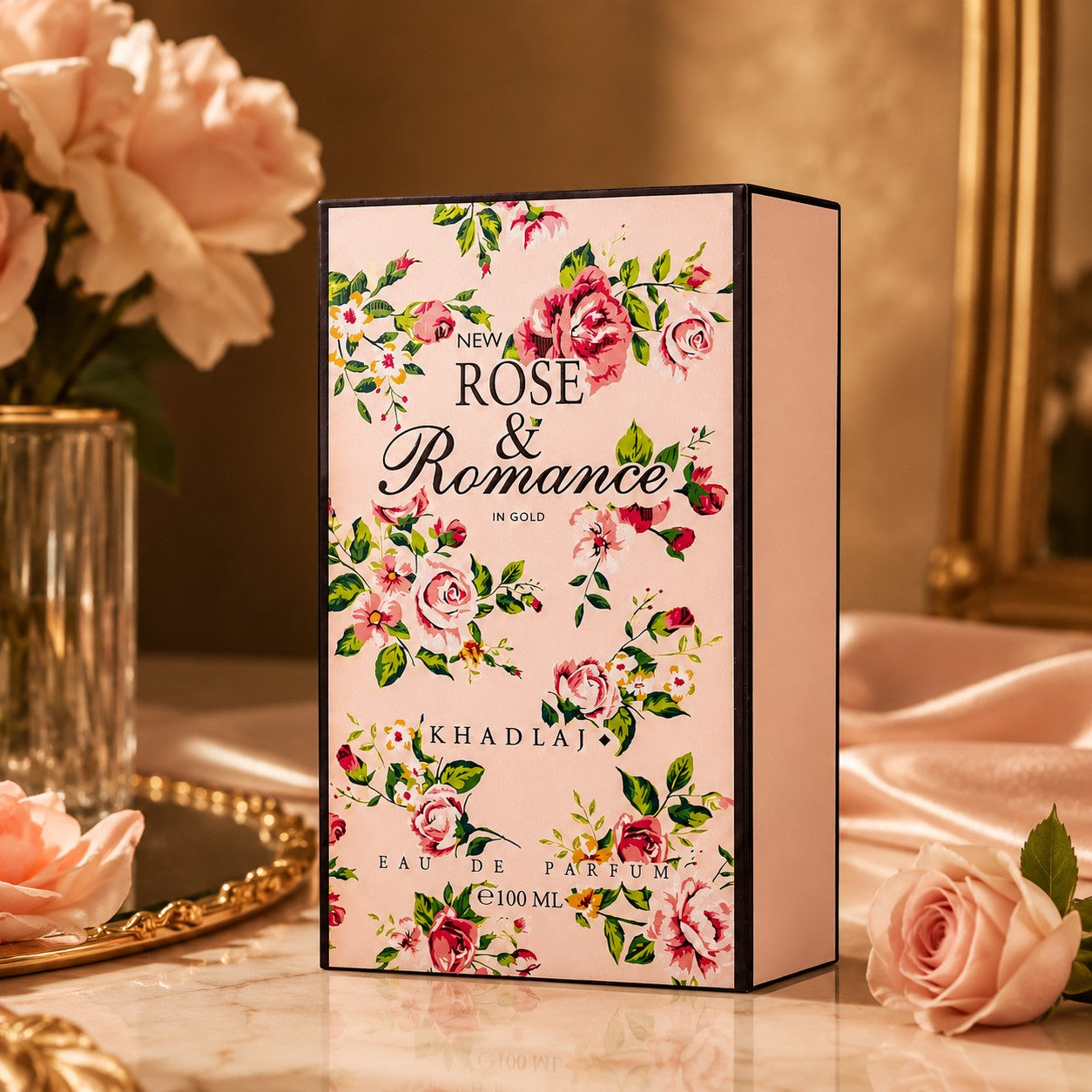 Soghaat Rose & Romance in Gold Eau de Parfum 100ml, a soft sweet musk fragrance with a floral print box.