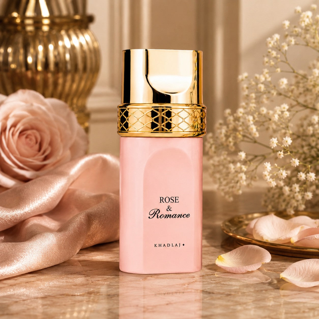 Soghaat Rose & Romance in Gold Eau de Parfum, a soft pink bottle with gold accents, featuring rose and musk notes.