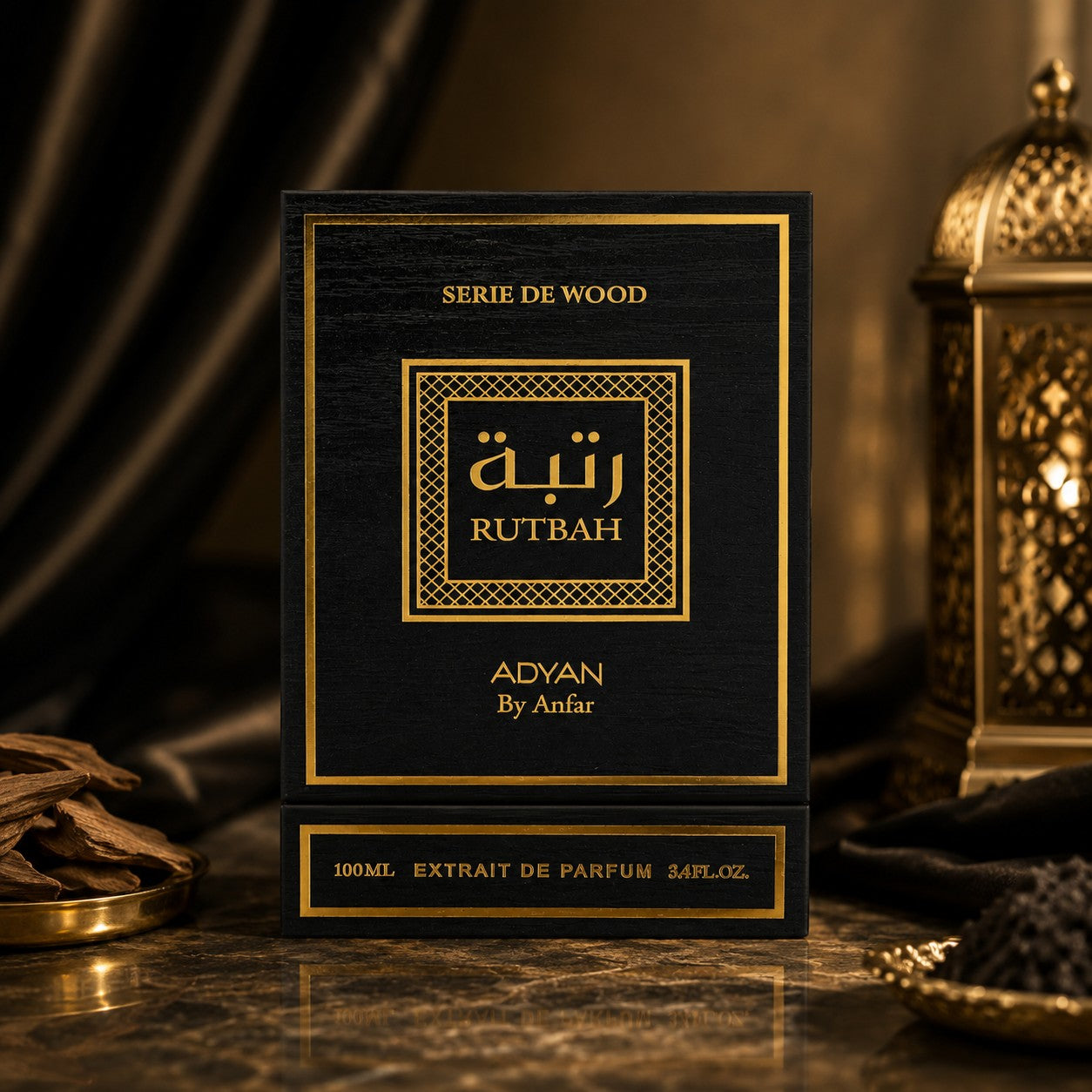 Soghaat Rutbah Adyan by Anfar 100ml Extrait de Parfum in a luxury black and gold box on a marble surface.