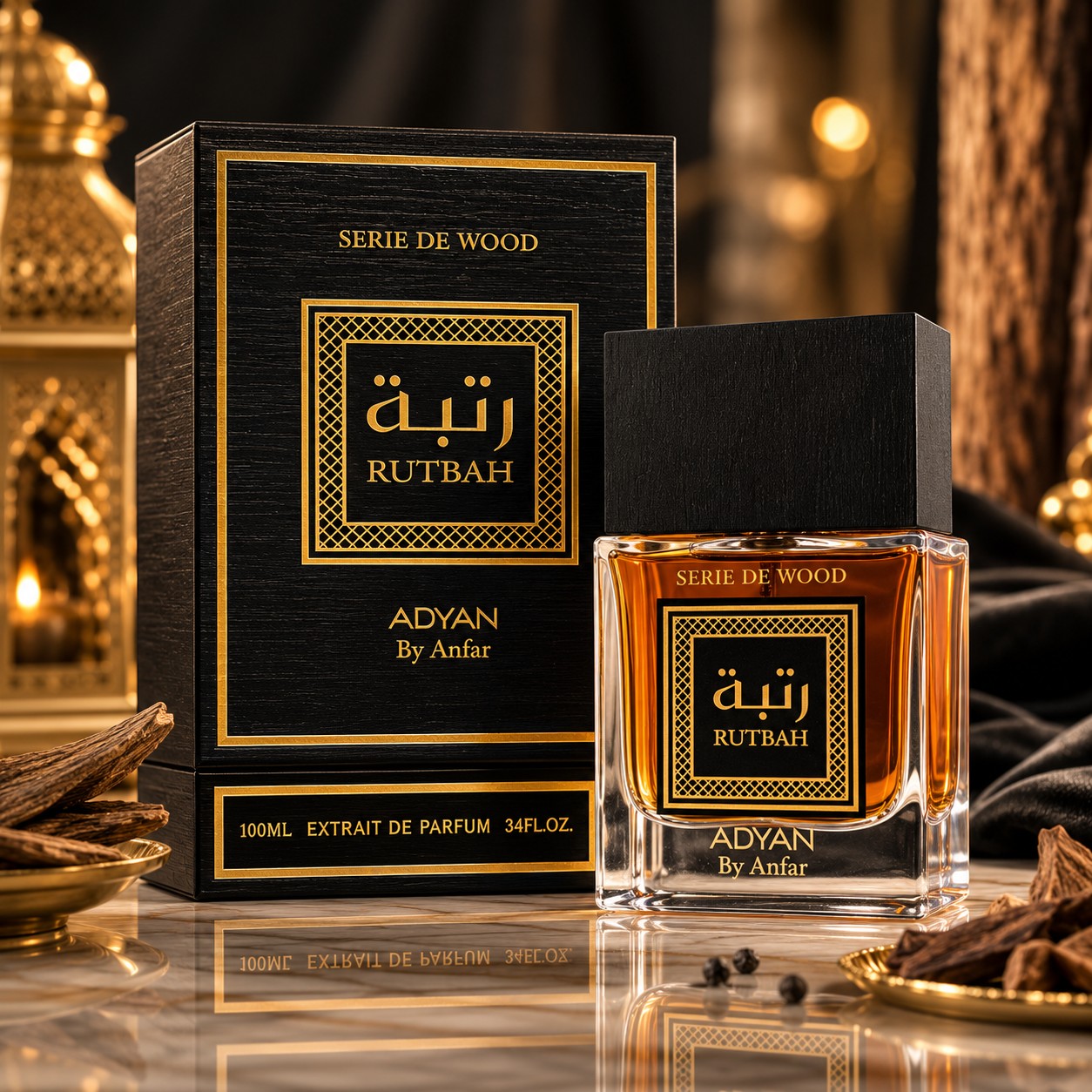 Soghaat Rutbah Adyan by Anfar 100ml Extrait de Parfum in a black and gold box with a glass bottle on a marble surface.