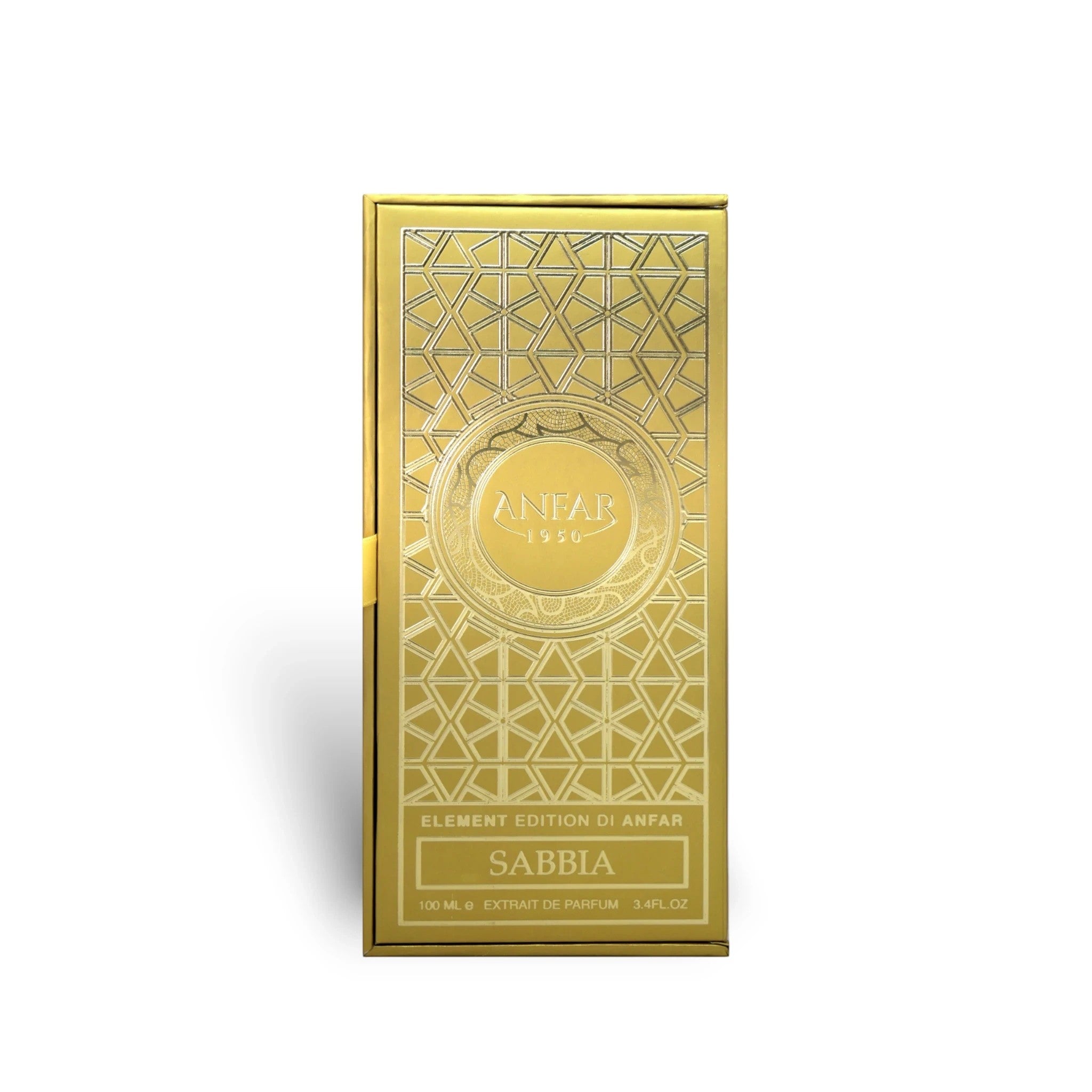 Soghaat Sabbia by Anfar 100ml Extrait de Parfum in a luxurious gold box with intricate geometric Arabian patterns.