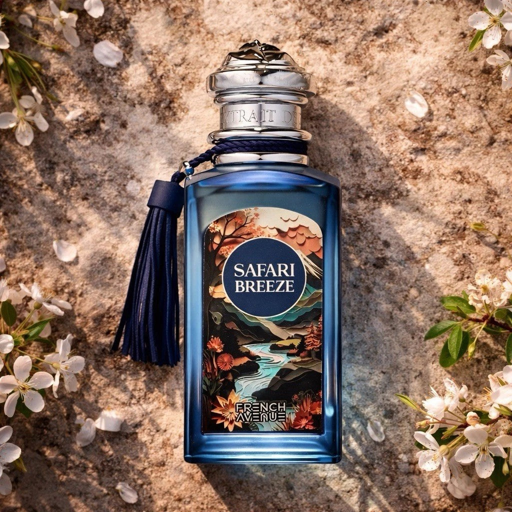Soghaat Safari Breeze 100ml Extrait de Parfum, a unisex fragrance with fresh citrus, woody, and floral notes. Blue bottle with a scenic label.