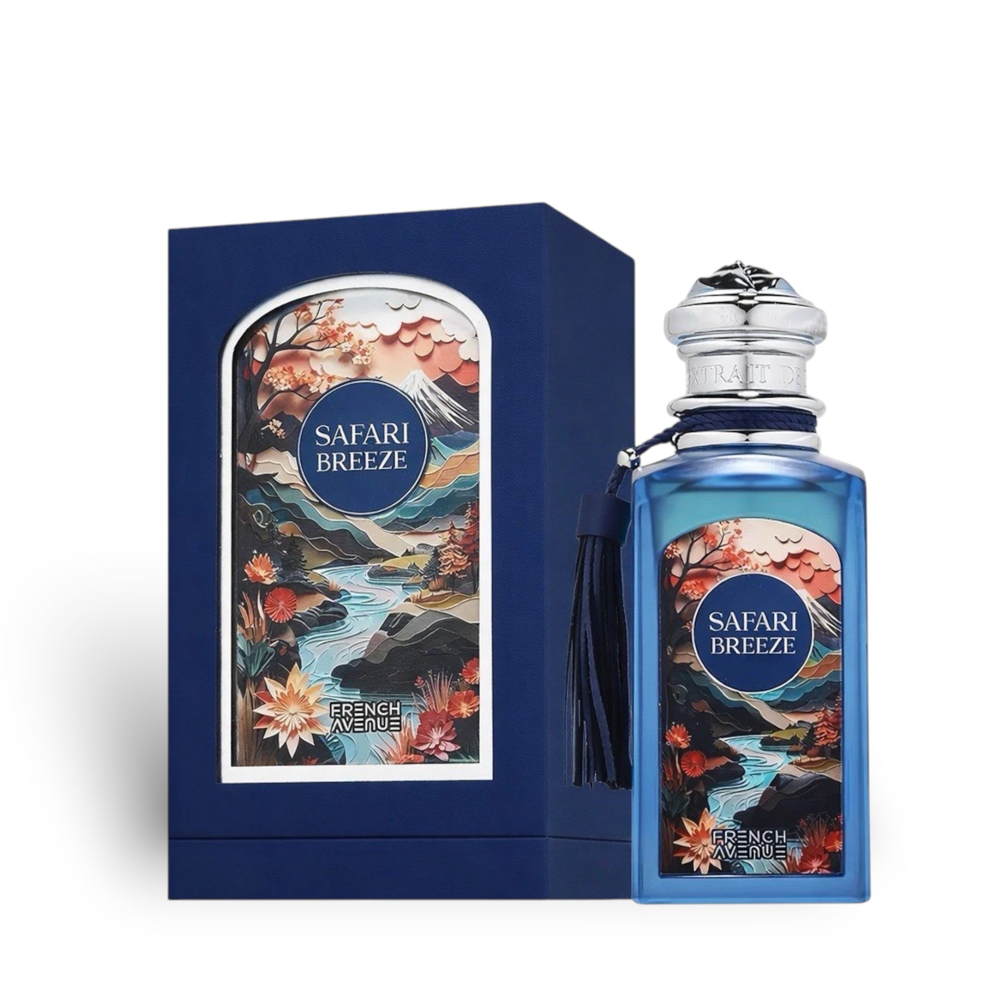 Soghaat Safari Breeze 100ml Extrait de Parfum bottle and box with a landscape design. Features blue liquid and tassel.