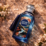Soghaat Safari Breeze 100ml Extrait de Parfum, a unisex fragrance with a blue glass bottle and a scenic label.