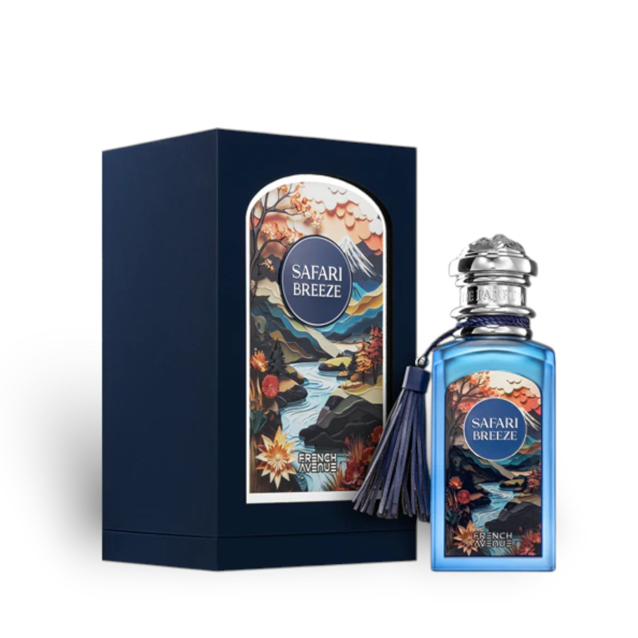 French Avenue Safari Breeze 100ml Extrait de Parfum bottle and box with a landscape design featuring mountains, a river, and trees.