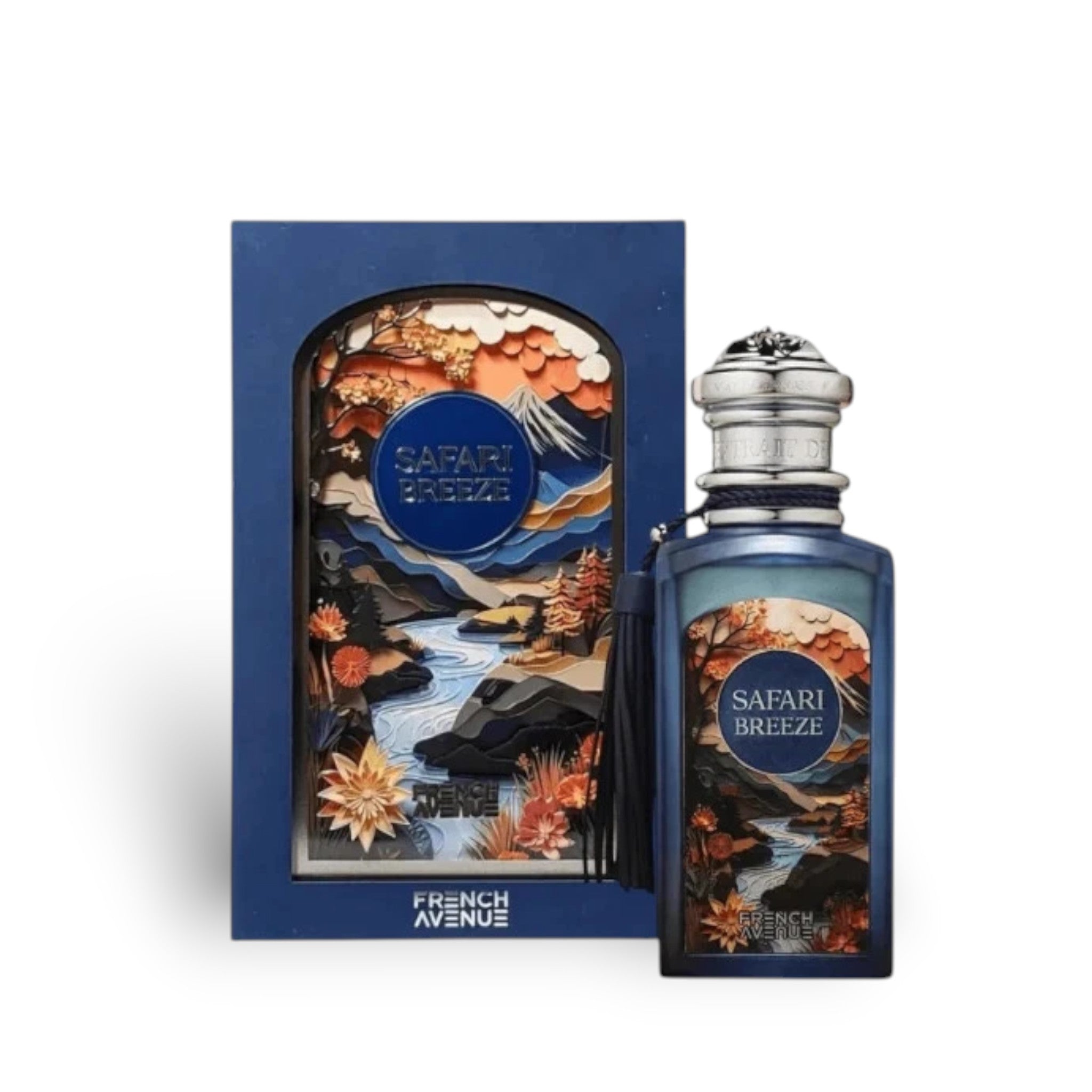Soghaat Safari Breeze 100ml Extrait de Parfum bottle and box with a scenic landscape design. Unisex fragrance.