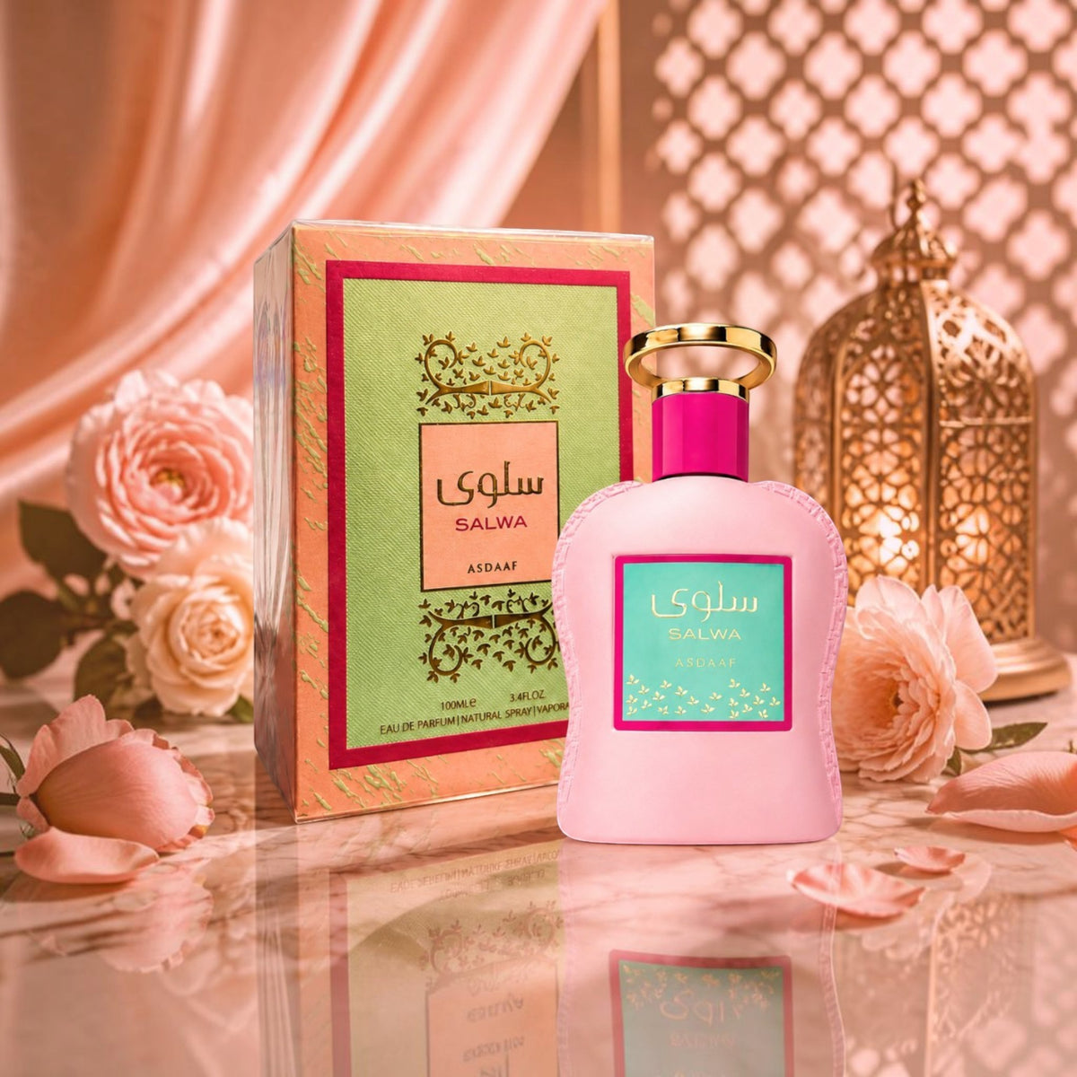 Soghaat Salwa by Asdaaf Eau de Parfum bottle and box, featuring a pink design with floral accents and gold details.