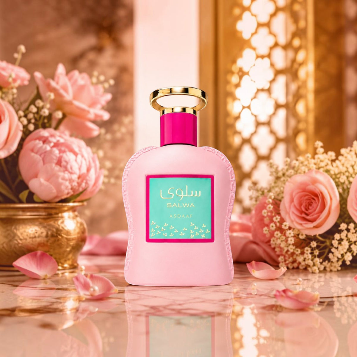 Soghaat Salwa by Asdaaf Eau de Parfum in a pink bottle with a gold cap, surrounded by pink roses and soft lighting.