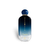 Soghaat Sapphire Eau de Parfum 100ml bottle with a gradient blue glass and a blue marbled cap. Fresh woody aromatic scent.