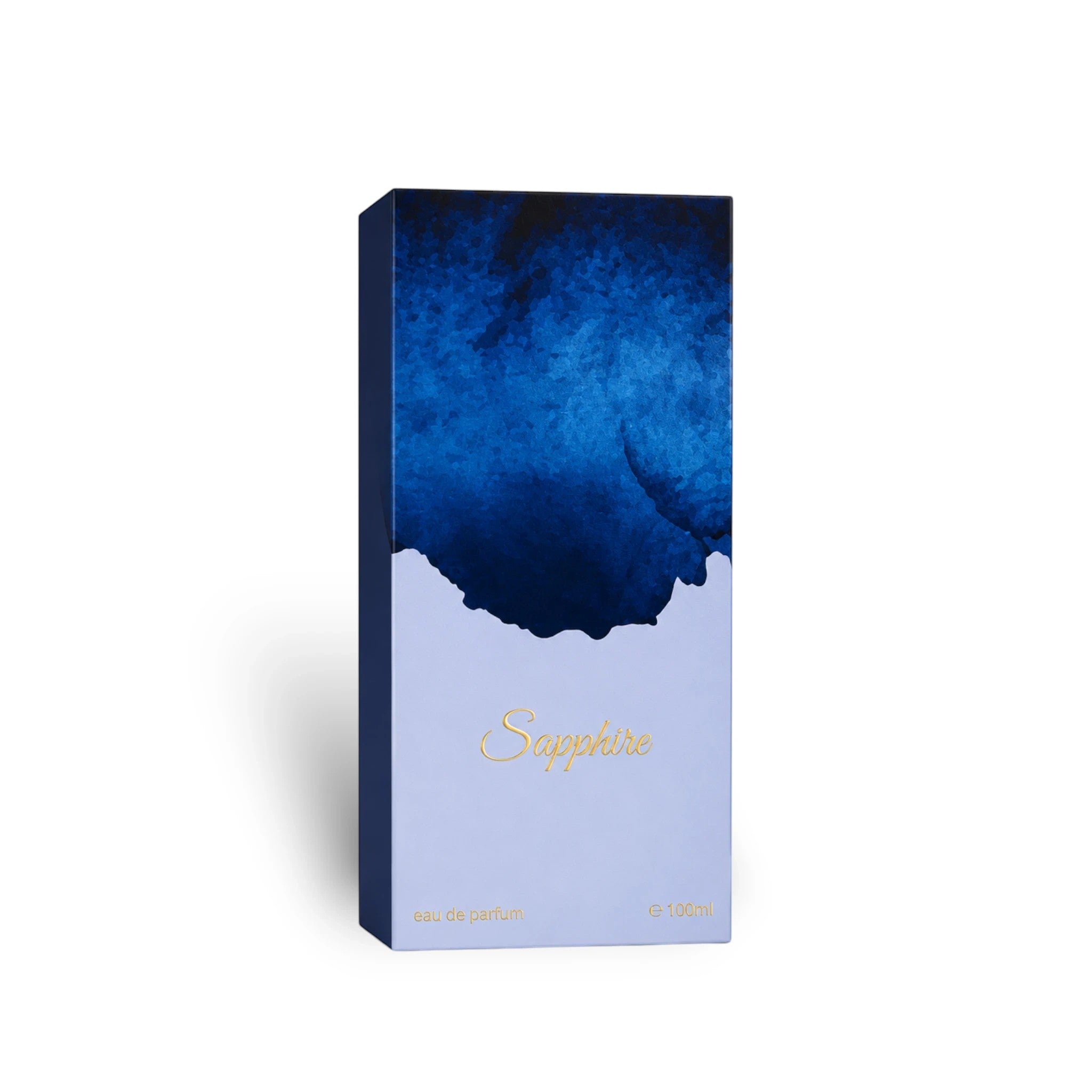 Soghaat Sapphire Eau de Parfum 100ml bottle with a blue abstract design on the box.