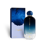 Soghaat Sapphire Eau de Parfum 100ml bottle with blue abstract box. Fresh woody aromatic fragrance.