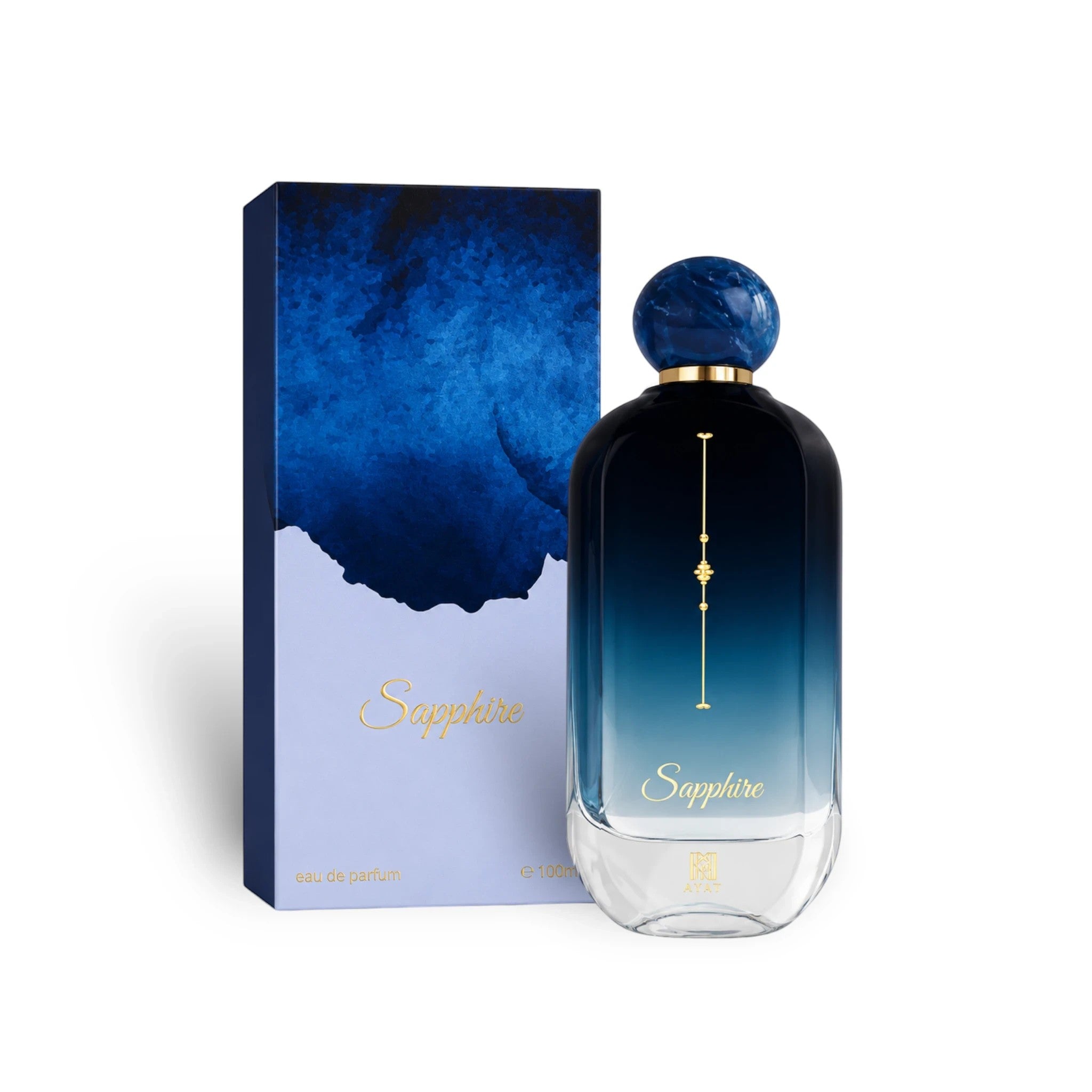 Soghaat Sapphire Eau de Parfum 100ml bottle with blue abstract box. Fresh woody aromatic fragrance.