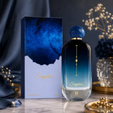 Soghaat Sapphire Eau de Parfum 100ml for men, fresh woody aromatic fragrance with blue gradient bottle and matching box.