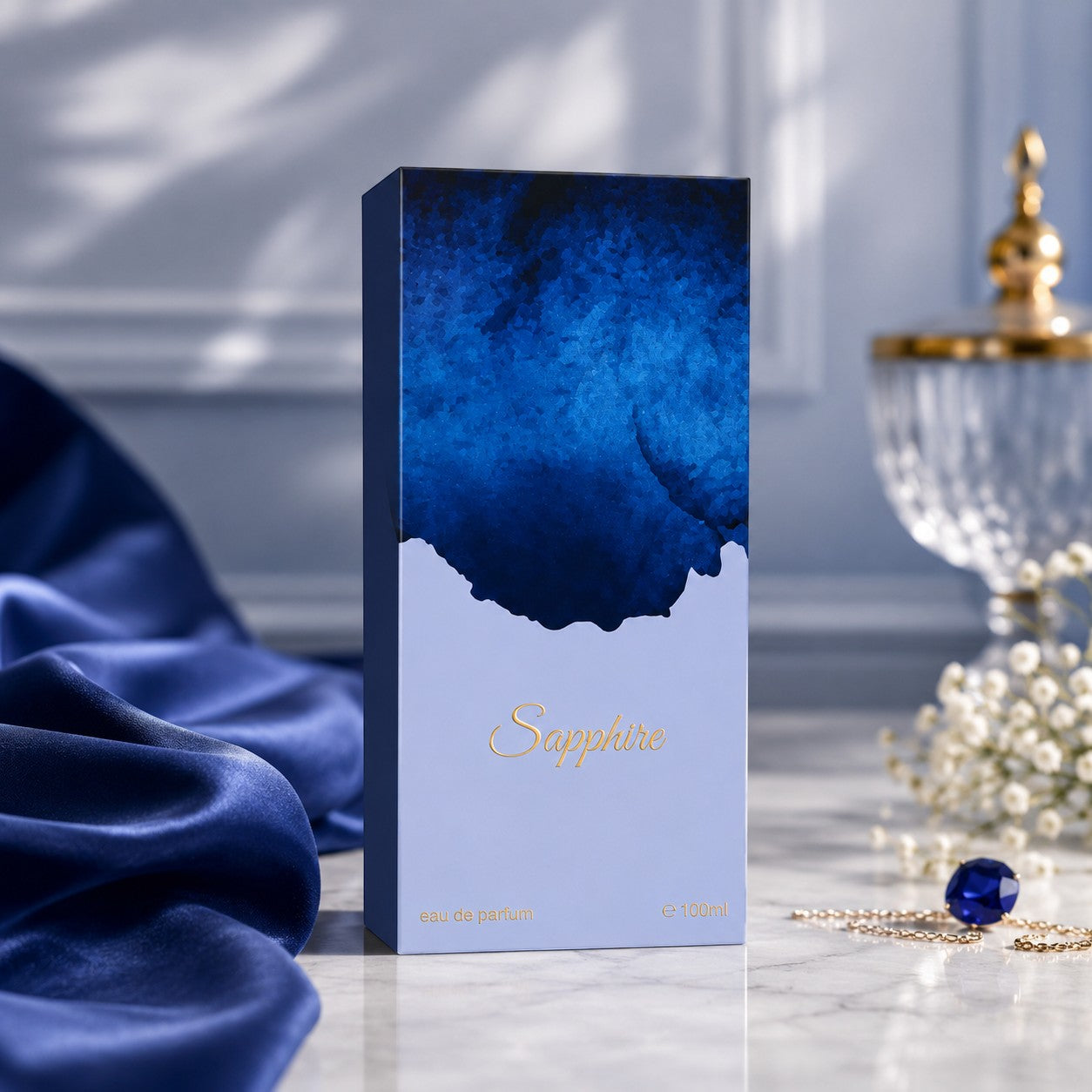 Soghaat Sapphire Eau de Parfum 100ml bottle with blue abstract design, fresh woody aromatic scent for men.