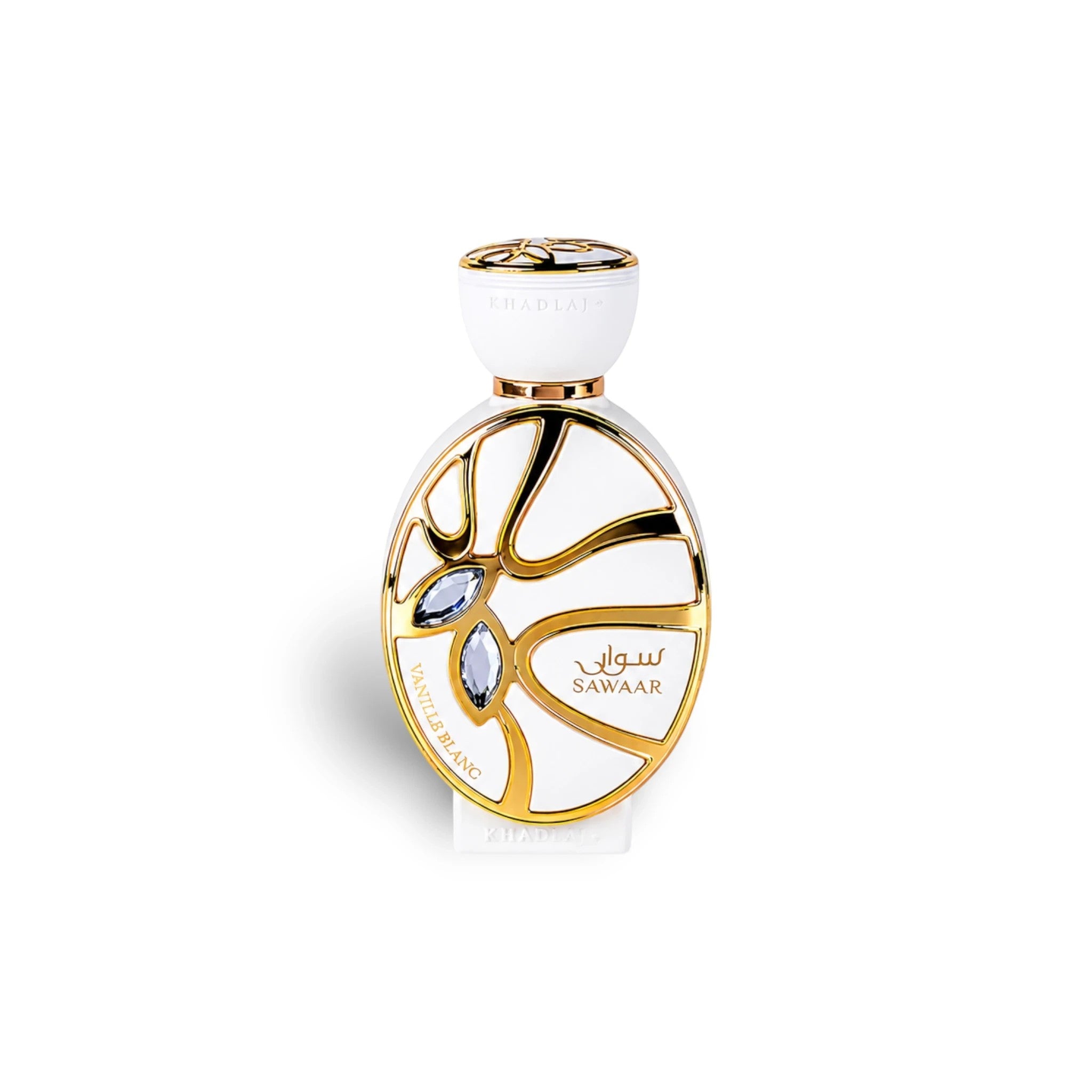 Soghaat Sawaar Vanille Blanc 100ml Extrait de Parfum bottle with white and gold ornate design, featuring blue gems.