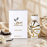 Soghaat Sawaar Vanille Blanc 100ml Extrait de Parfum bottle and box with vanilla beans and white flowers.
