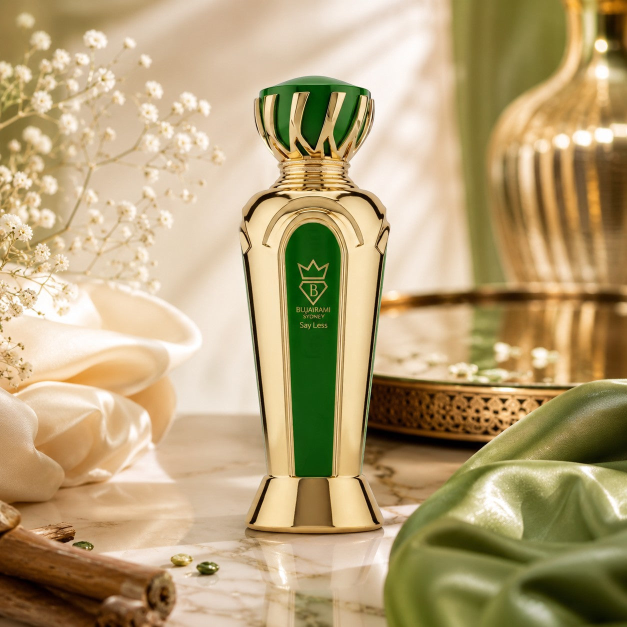 Soghaat Say Less 100ml Eau de Parfum bottle with gold accents and green details, featuring anise, ginger, almond, vanilla, and leather notes.