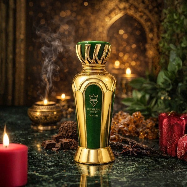 Soghaat Say Less Eau de Parfum bottle, gold and green, with sweet gourmand, floral, woody notes.