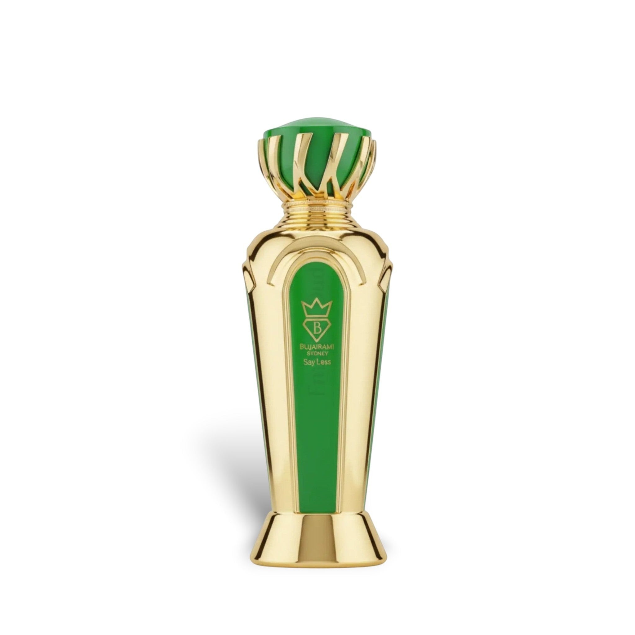 Soghaat Say Less 100ml Eau de Parfum bottle with gold accents and a green body, featuring a crown logo.