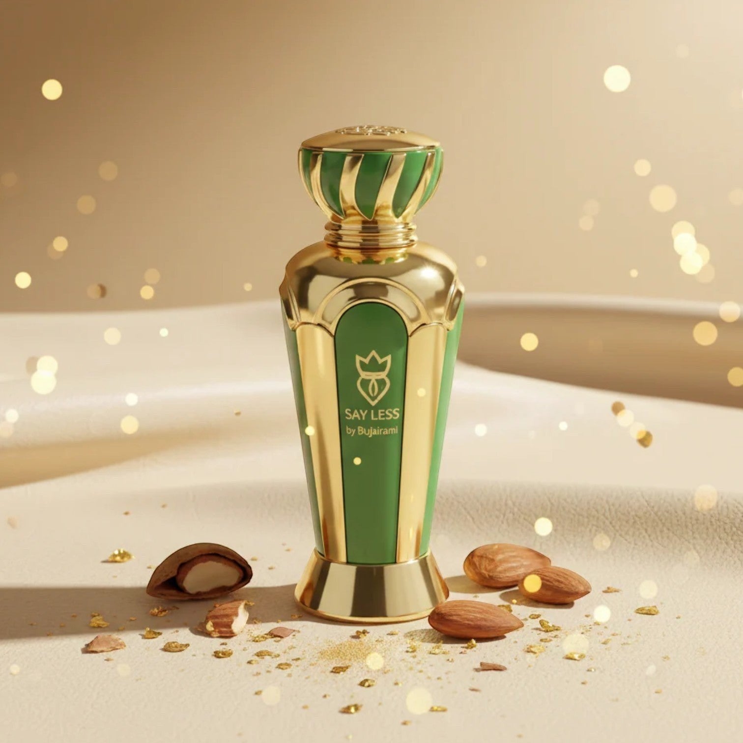 Soghaat Say Less Eau de Parfum bottle with green and gold accents, featuring floral and almond notes.
