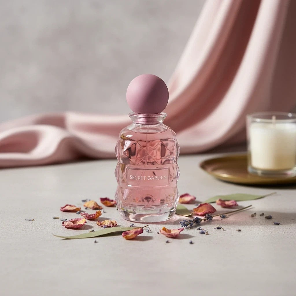 Soghaat Secret Garden 100ml Eau de Parfum for women, a fruity floral gourmand fragrance in a clear glass bottle with a pink stopper.