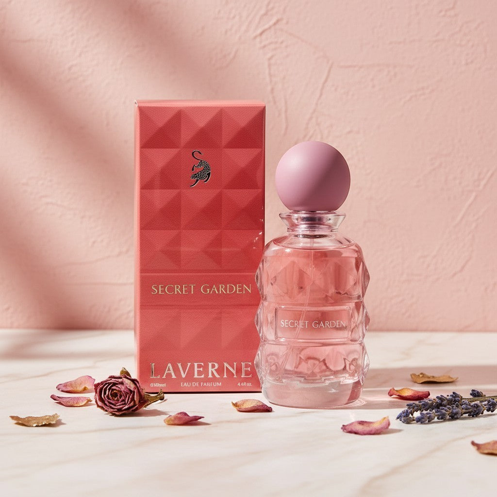 Soghaat Secret Garden 100ml Eau de Parfum for women, a fruity floral gourmand fragrance in a pink bottle with a pink cap.