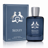 Soghaat Sedley Eau de Parfum for men, 100ml bottle and box. Fresh woody aromatic fragrance with saffron, mandarin, osmanthus, violet, and woody notes.