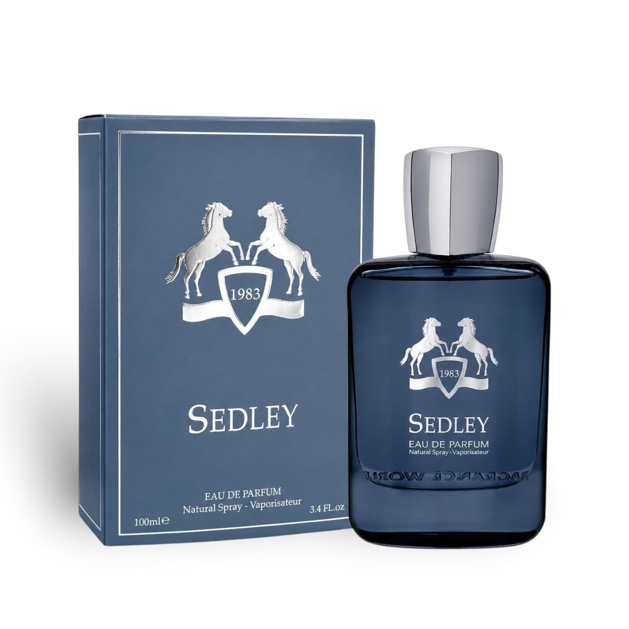 Soghaat Sedley Eau de Parfum for men, 100ml bottle and box. Fresh woody aromatic fragrance with saffron, mandarin, osmanthus, violet, and woody notes.