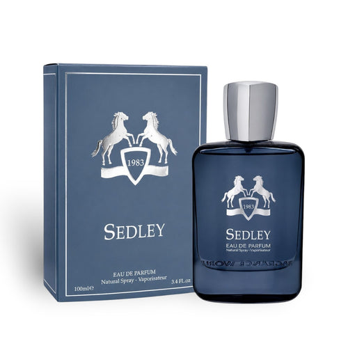Soghaat Sedley Eau de Parfum for men, 100ml bottle and box. Fresh woody aromatic fragrance with saffron, mandarin, osmanthus, violet, and woody notes.