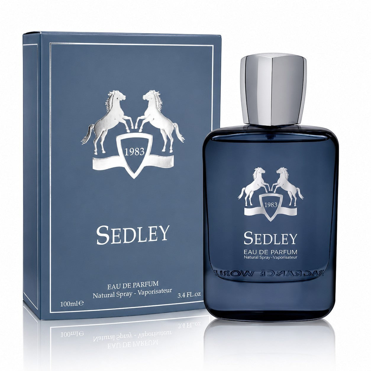 Soghaat Sedley Eau de Parfum for men, 100ml bottle and box. Fresh woody aromatic fragrance with saffron, mandarin, osmanthus, violet, and woody notes.