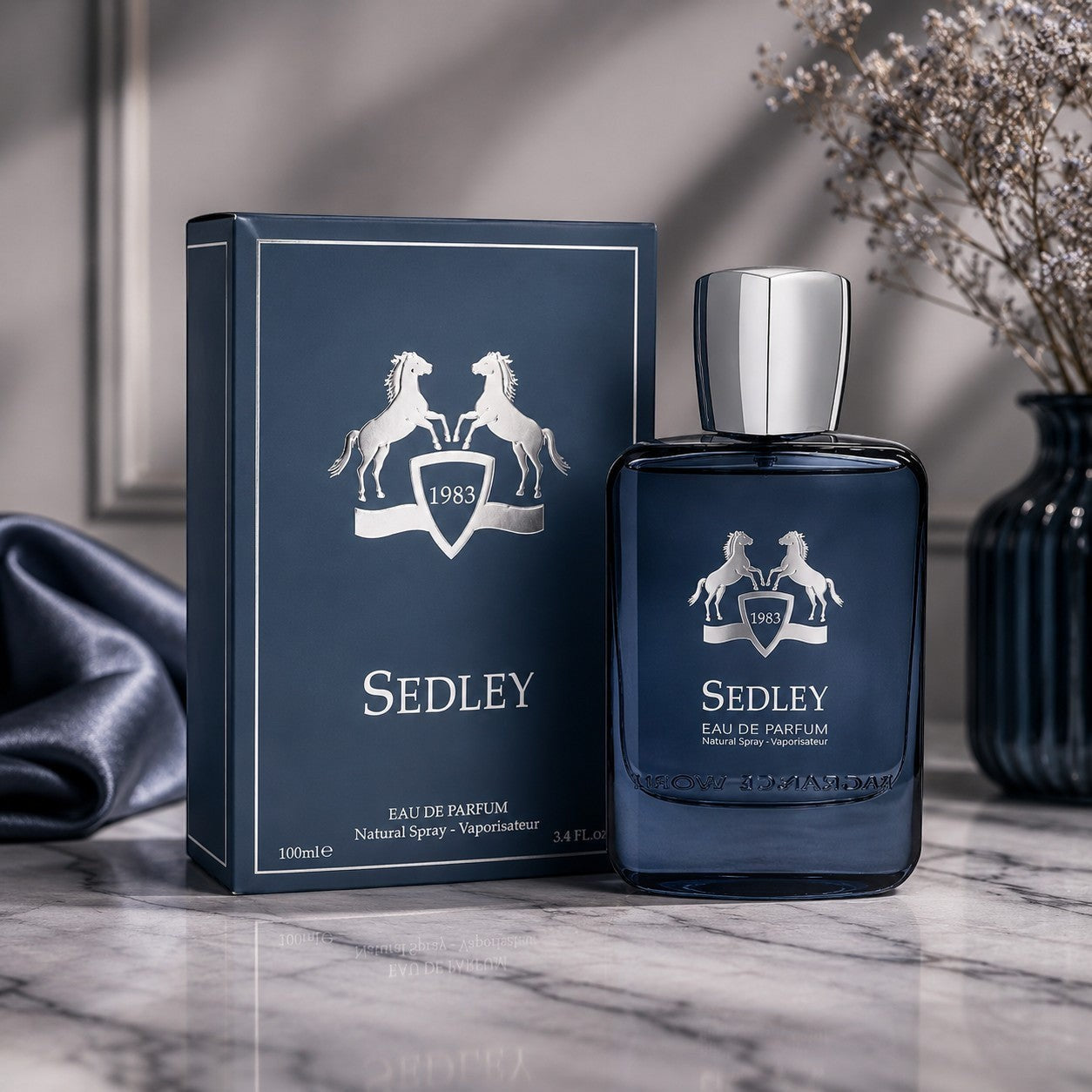 Soghaat Sedley Eau de Parfum for men, a fresh woody aromatic fragrance in a blue glass bottle with silver accents.