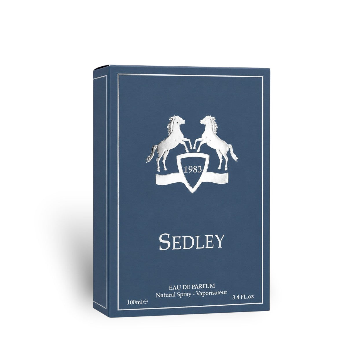 Soghaat Sedley Eau de Parfum 100ml bottle with a blue box featuring silver horses and shield emblem.