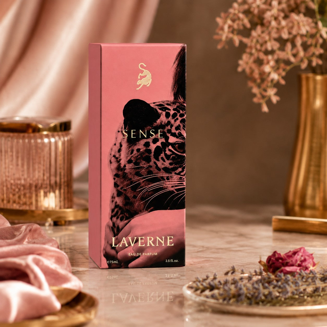 Soghaat Sense by Laverne 75ml Eau de Parfum in a pink box featuring a leopard graphic, set on a marble surface.
