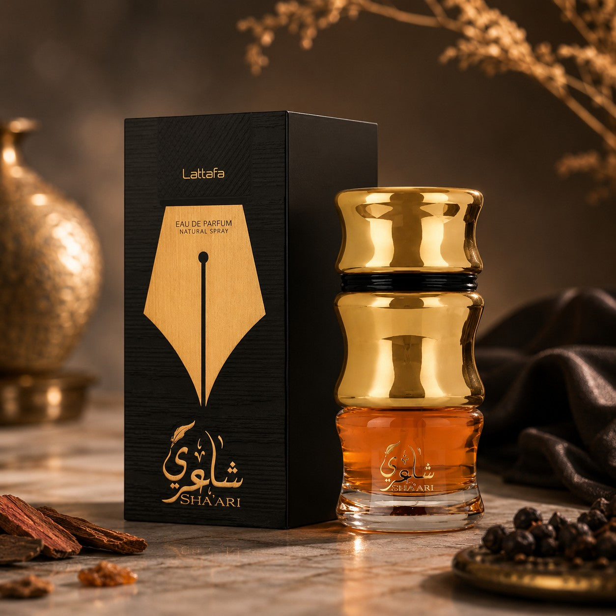 Soghaat Sha’ari 100ml Eau de Parfum for Unisex, amber oud woody fragrance with saffron, cinnamon, oudh, sandalwood, roses, incense, amber, musk, vanilla, and leather.