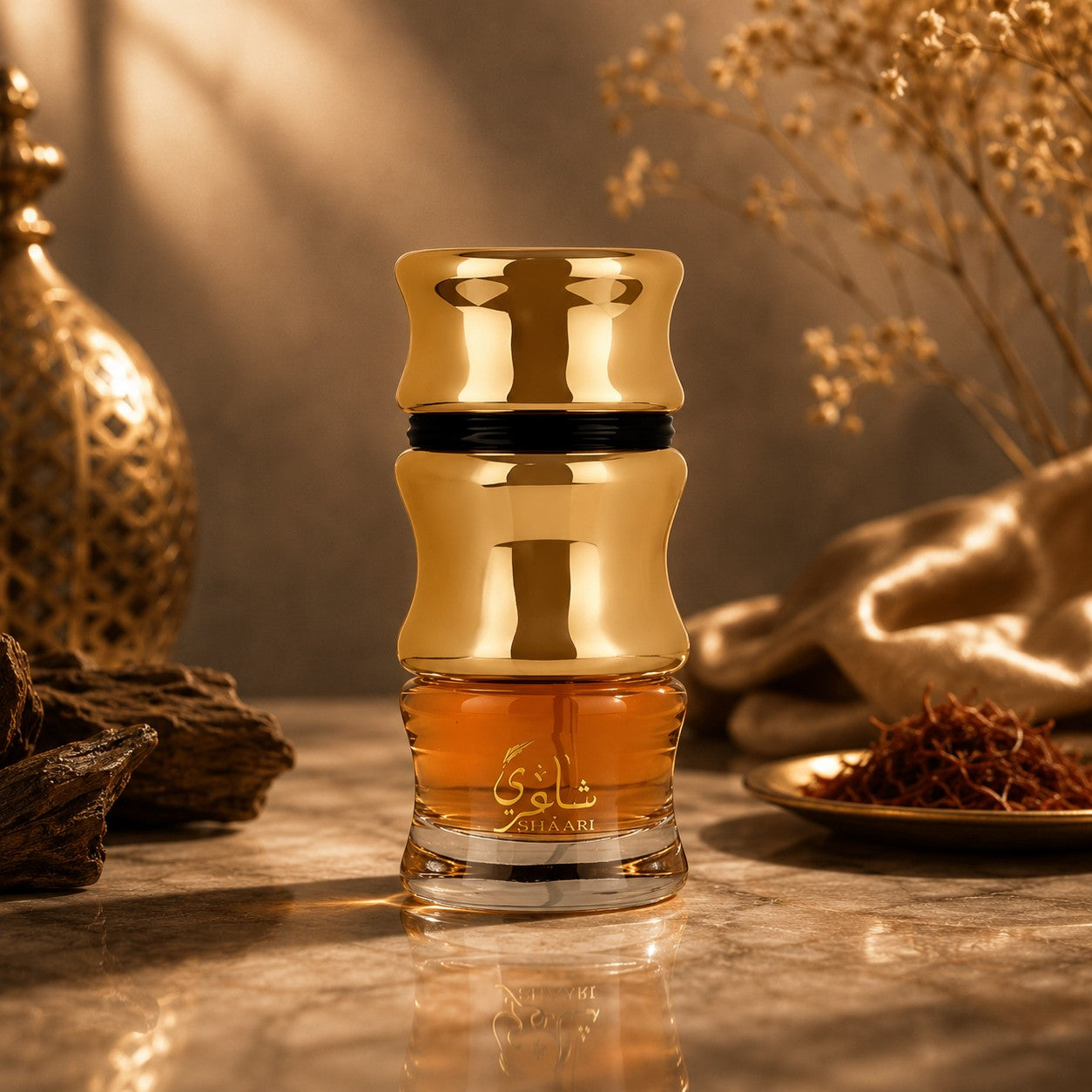 Soghaat Sha’ari 100ml Eau de Parfum for unisex, amber oud woody fragrance with saffron, cinnamon, oudh, sandalwood, roses, incense, amber, musk, vanilla, and leather.