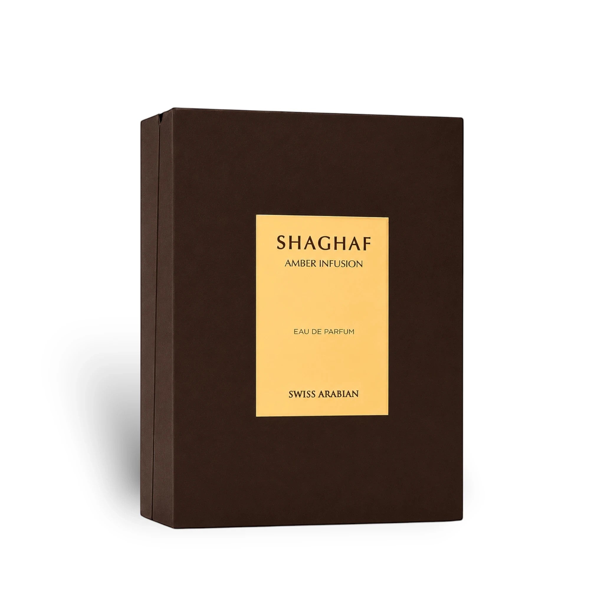 Soghaat Swiss Arabian Shaghaf Amber Infusion Eau de Parfum in a dark brown rectangular box with a gold label.