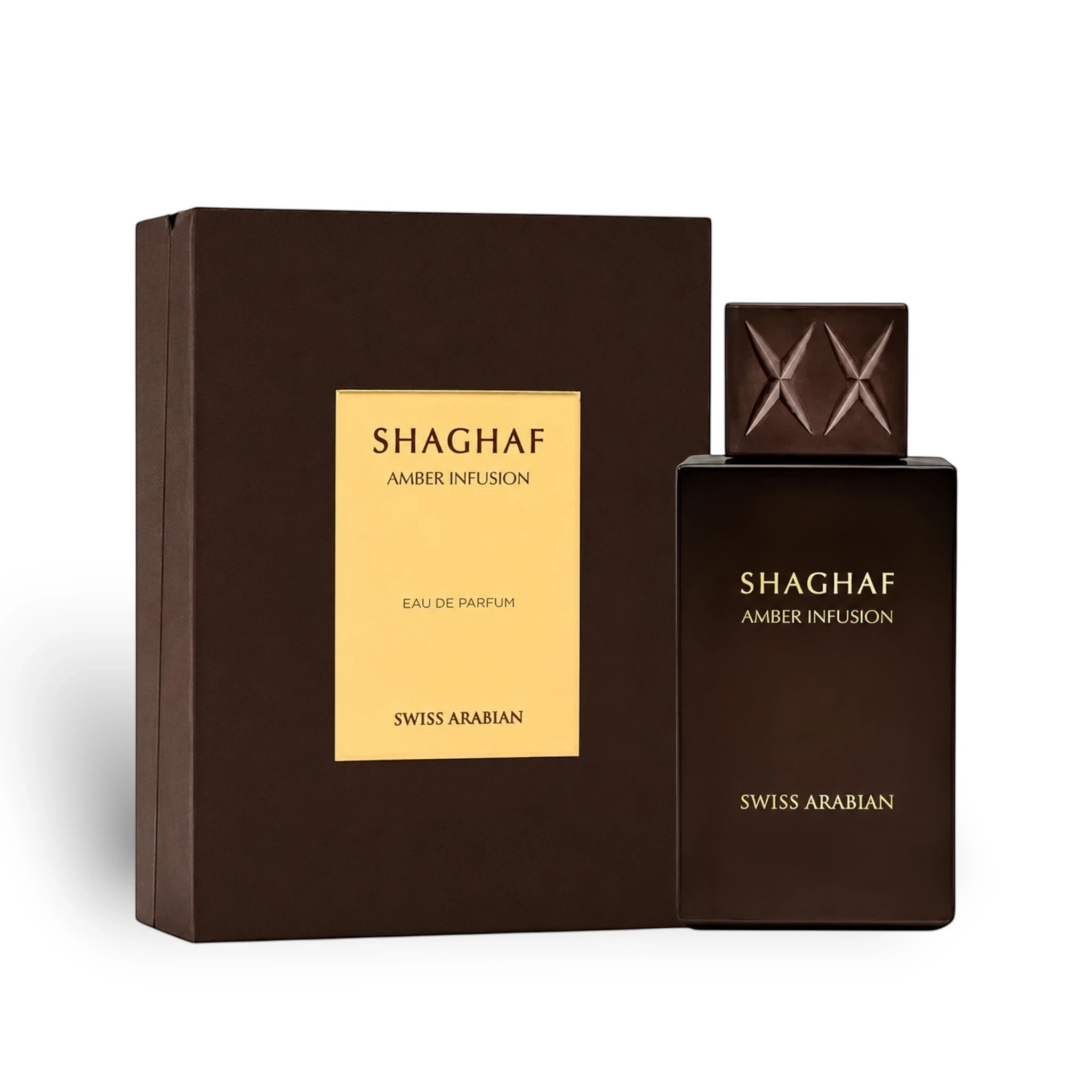 Soghaat Swiss Arabian Shaghaf Amber Infusion Eau de Parfum bottle and dark brown presentation box