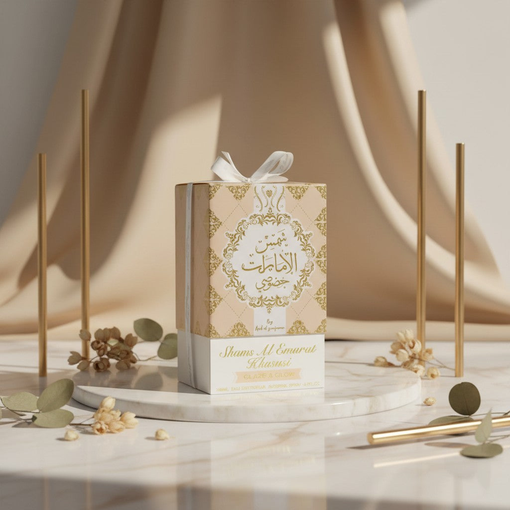 Soghaat Shams Al Emarat Khususi Glaze & Glow 100ml Eau de Parfum bottle with ornate gold detailing and a white ribbon.