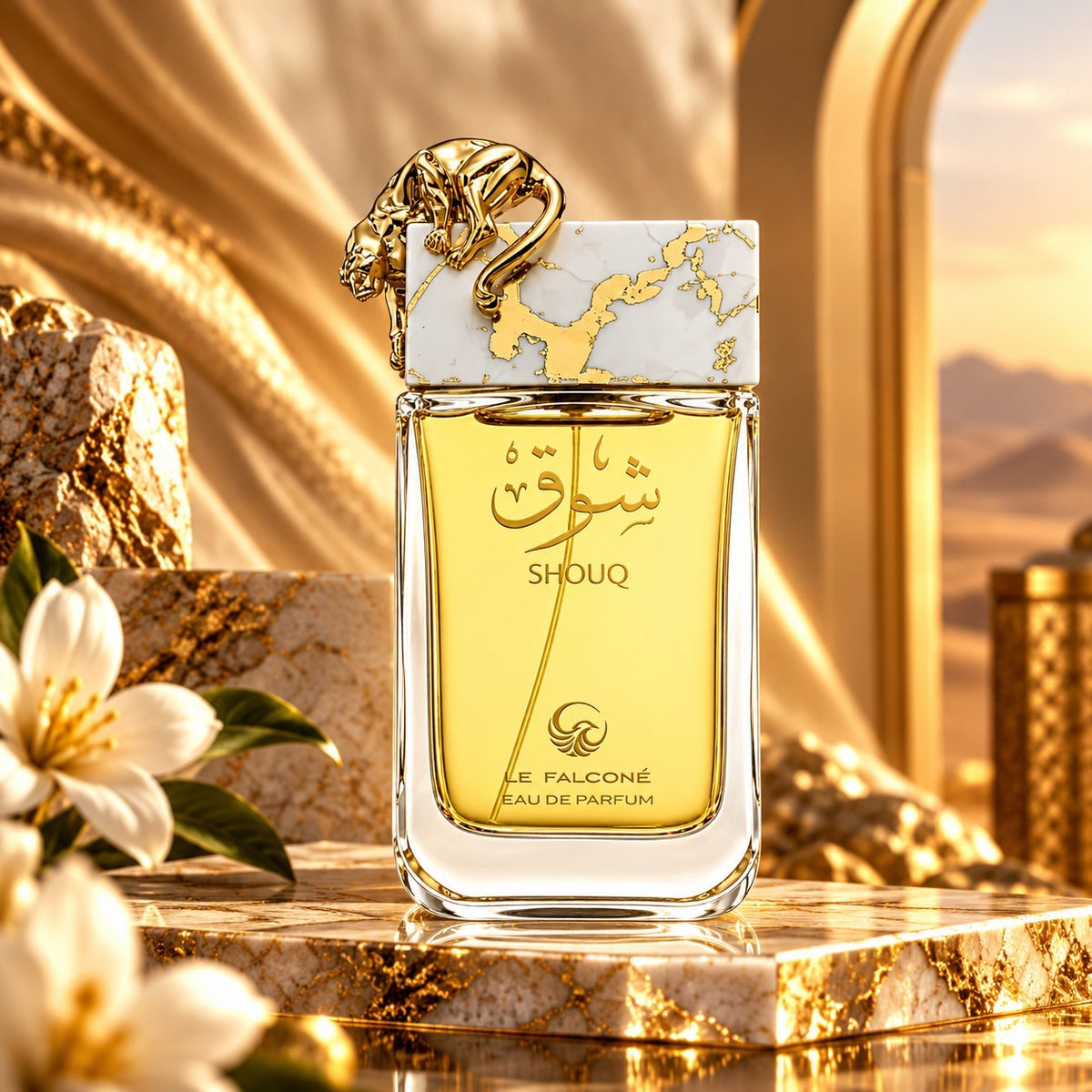 Soghaat Shouq by Le Falcone Eau de Parfum bottle with a gold panther topper on a marble pedestal with white flowers.