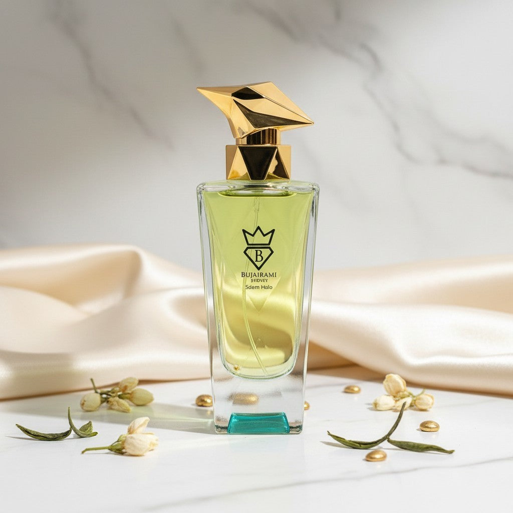 Soghaat Silent Halo 100ml Eau de Parfum for unisex, fresh aromatic woody citrus fragrance with a gold cap.