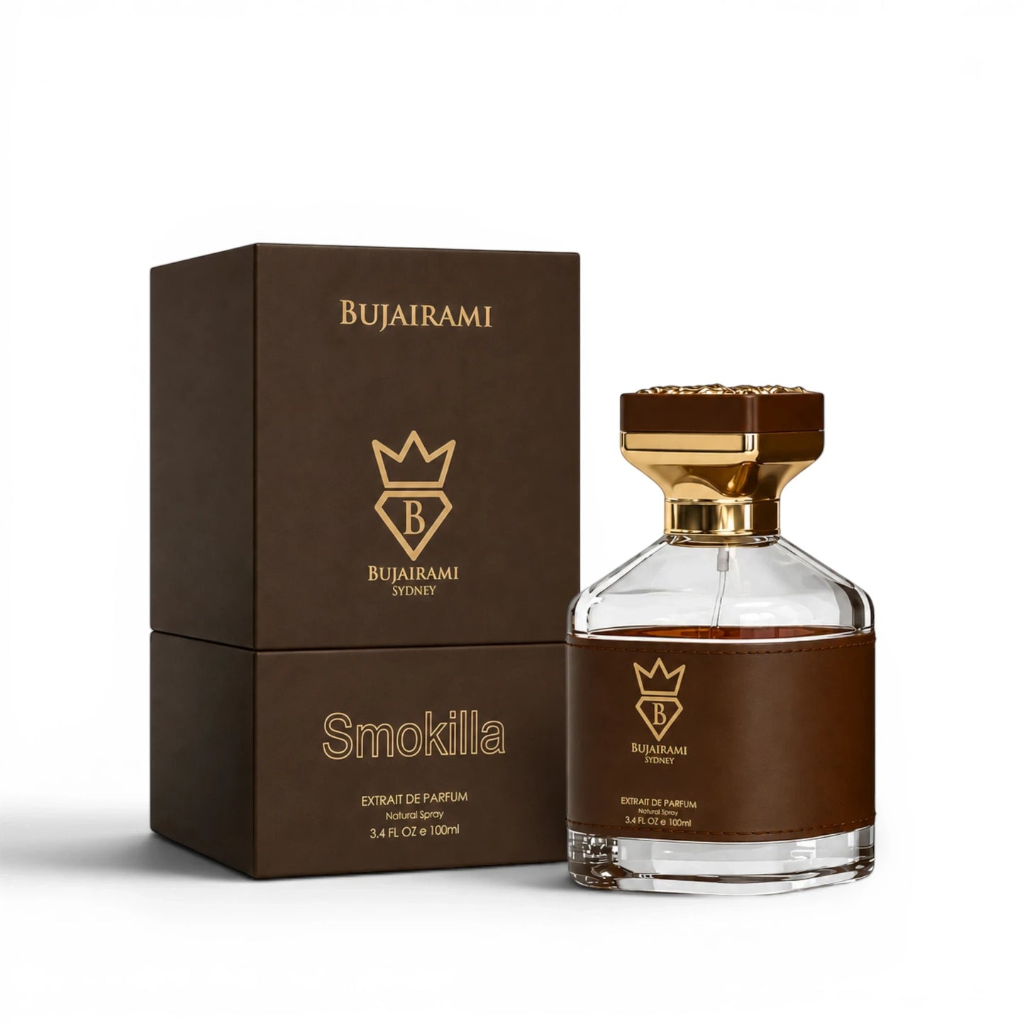 Soghaat Smokilla 100ml Extrait de Parfum bottle and box, amber woody oriental unisex fragrance with tobacco leaf and vanilla notes.