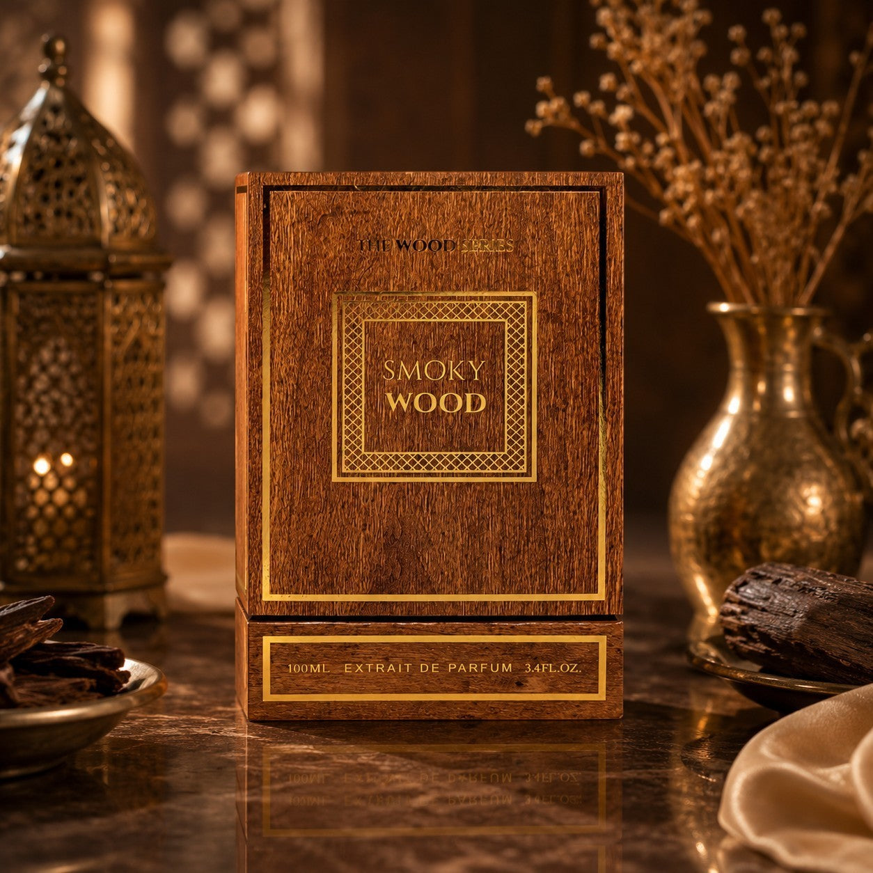 Soghaat Smoky Wood Extrait de Parfum in a rustic wooden box with gold lettering, set against an elegant decor.