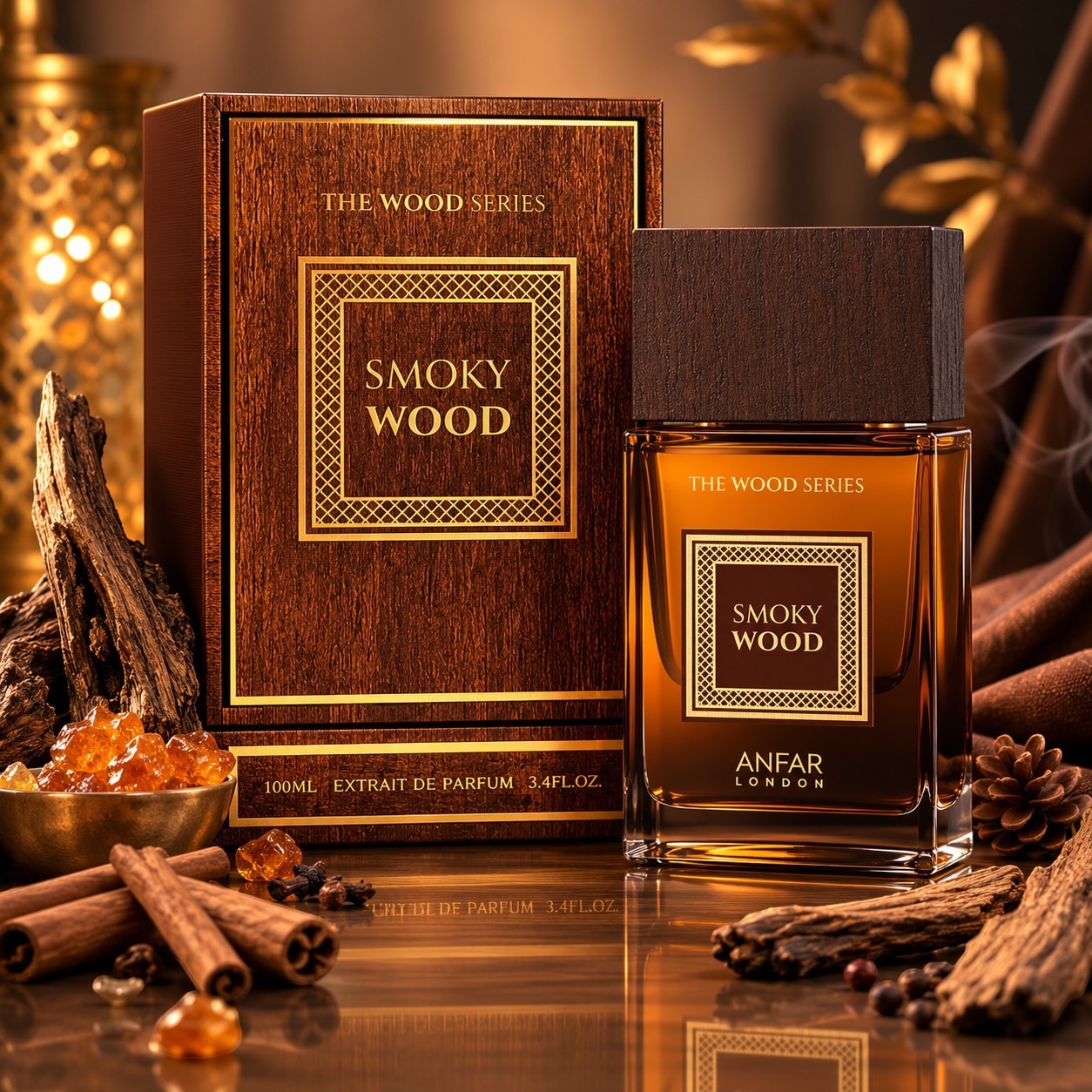 Soghaat Smoky Wood Extrait de Parfum bottle and box with cinnamon, amber, and wood accents on a reflective surface.