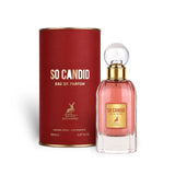 Soghaat Maison Alhambra So Candid 85ml Eau de Parfum in a red cylindrical box with a matching pink glass perfume bottle.