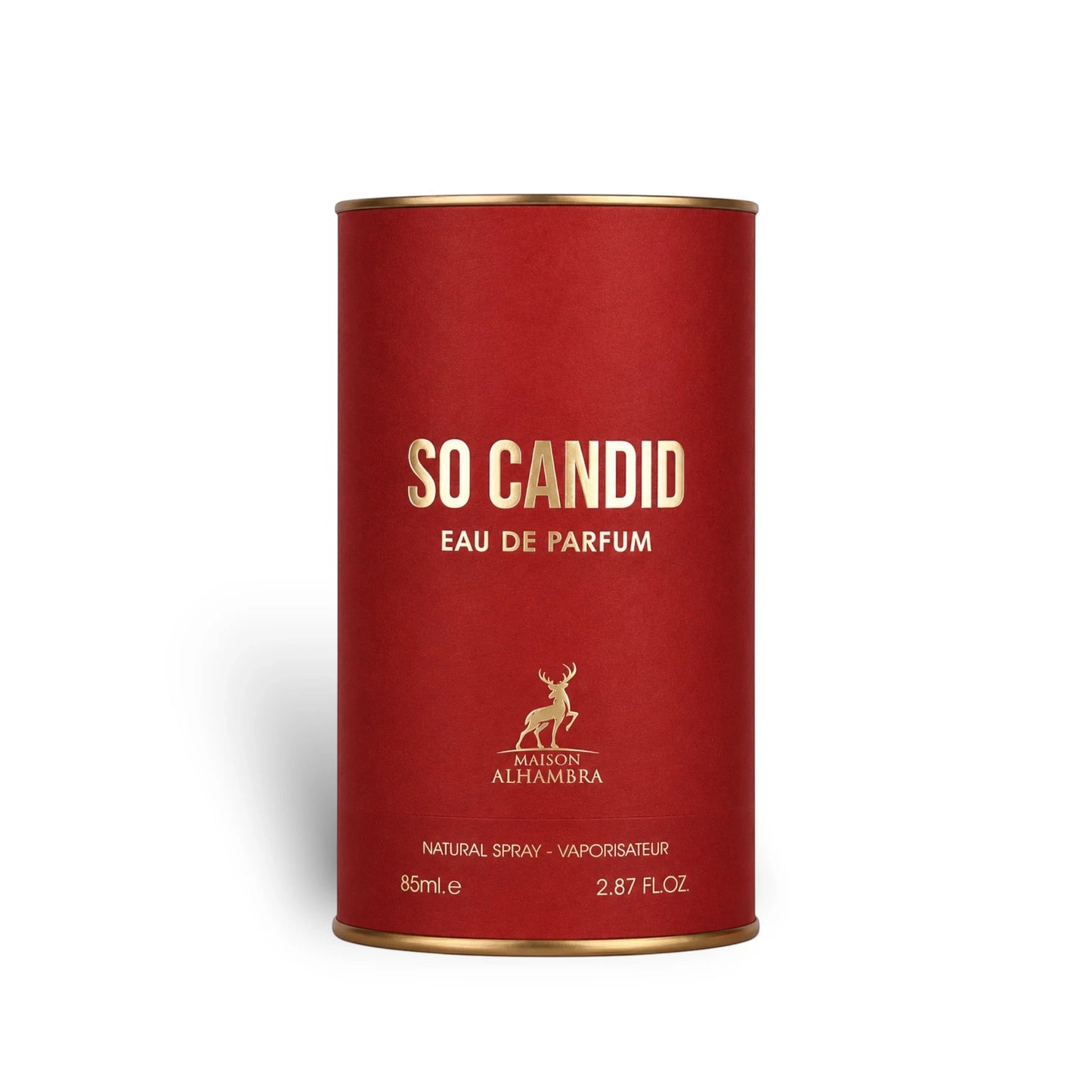 Soghaat Maison Alhambra So Candid 85ml Eau de Parfum in a cylindrical red container with gold lettering and logo.