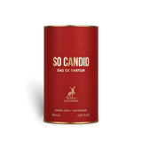 Soghaat Maison Alhambra So Candid 85ml Eau de Parfum in a cylindrical red container with gold lettering and logo.