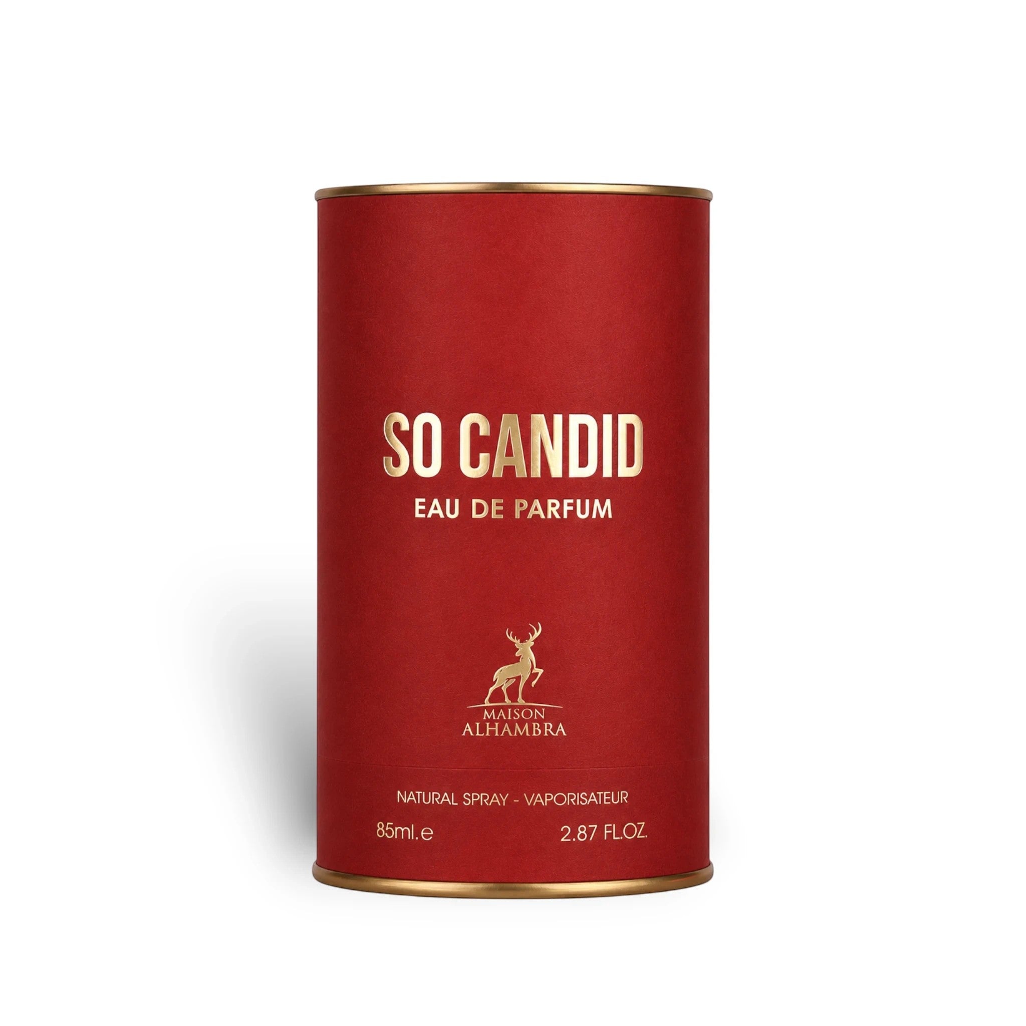 Soghaat Maison Alhambra So Candid 85ml Eau de Parfum in a cylindrical red container with gold lettering and logo.